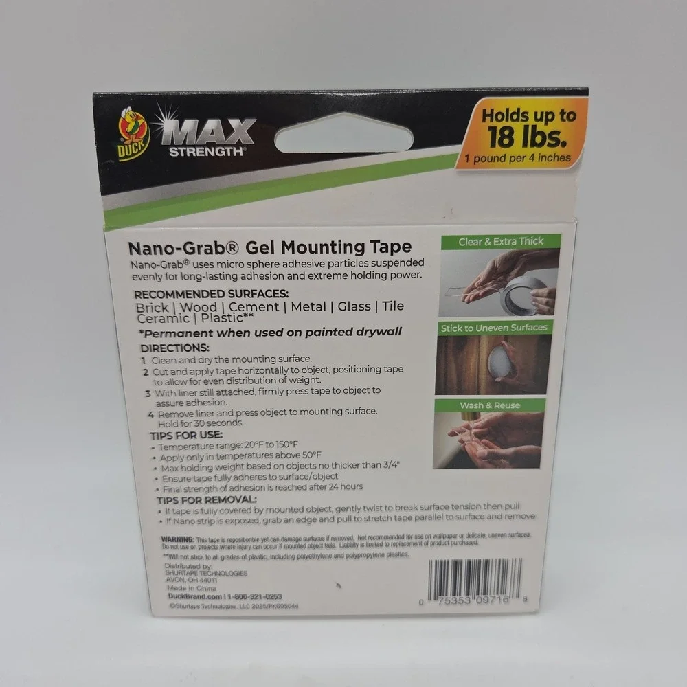 NEW Duck Max Strength Nano - Grab Gel Mounting Tape Double Sided Removable